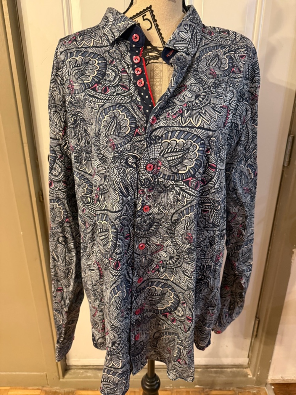 Long Sleeve Paisley Button-Up Shirt in Navy and Pink